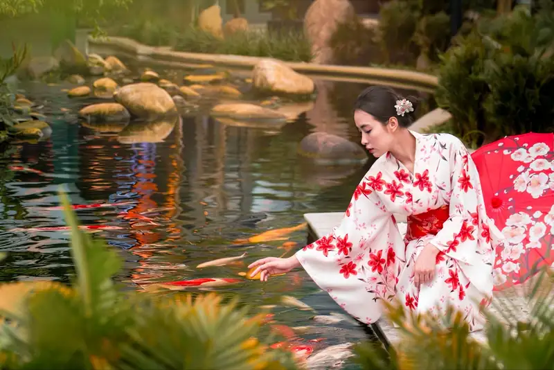 Cô gái mặc kimono cho cá koi ăn bên hồ vườn Nhật Mikazuki Đà Nẵng