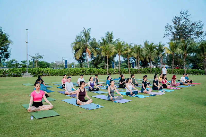 Nhóm khách tập yoga buổi sáng trên bãi cỏ Nami Lawn, phía sau là hàng dừa, Mikazuki Đà Nẵng