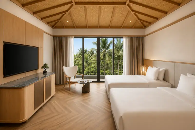 Phòng ngủ hai giường đơn trong villa