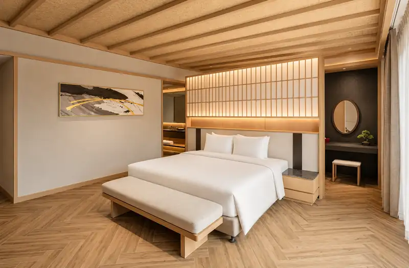 Phòng ngủ giường King, đầu giường ô gỗ kiểu shoji trong villa The Ryokan, Mikazuki Đà Nẵng